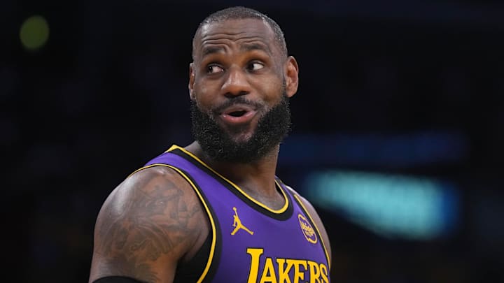 Nov 29, 2024; Los Angeles, California, USA; Los Angeles Lakers forward LeBron James (23) reacts in the first half against the Oklahoma City Thunder at Crypto.com Arena. Mandatory Credit: Kirby Lee-Imagn Images Nov 29, 2024; Los Angeles, California, USA; Los Angeles Lakers forward LeBron James (23) reacts in the first half against the Oklahoma City Thunder at Crypto.com Arena. Mandatory Credit: Kirby Lee-Imagn Images