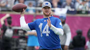 Feb 1, 2025; Orlando, FL, USA; Minnesota Vikings quarterback Sam Darnold (14) throws the ball during NFC Practice for the Pro Bowl Games at Camping World Stadium. Mandatory Credit: Kirby Lee-Imagn Images