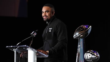 Feb 10, 2025; New Orleans, LA, USA; Philadelphia Eagles quarterback Jalen Hurts (1) speaks at the Super Bowl LIX Winning Head Coach and Most Valuable Player press conference at the Ernest N. Morial Convention Center. Mandatory Credit: Kirby Lee-Imagn Images
