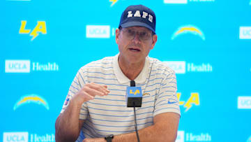 Jan 15, 2025; El Segundo, CA, USA; Los Angeles Chargers coach Jim Harbaugh at a press conference at The Bolt.