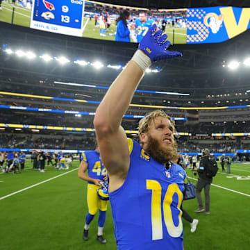 Dec 28, 2024; Inglewood, California, USA; Los Angeles Rams wide receiver Cooper Kupp (10) leaves the field after the game against the Arizona Cardinals at SoFi Stadium. Mandatory Credit: Kirby Lee-Imagn Images