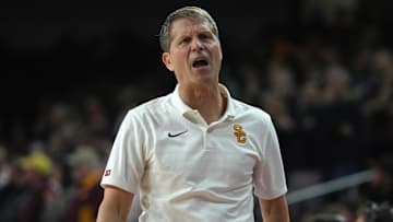 Feb 15, 2025; Los Angeles, California, USA; Southern California Trojans head coach Eric Musselman reacts against the Minnesota Golden Gophers in the second half at Galen Center. Mandatory Credit: Kirby Lee-Imagn Images