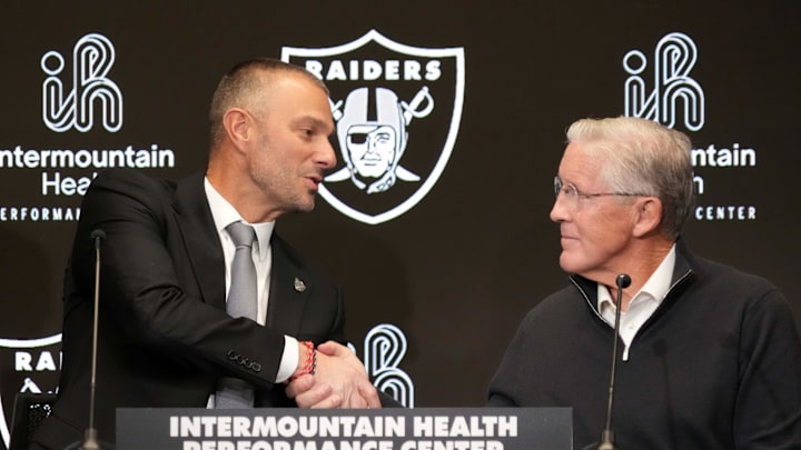 Las Vegas Raiders general manager John Spytek (left) and coach Pete Carroll.