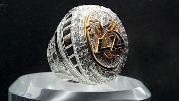 Feb 8, 2025; New Orleans, LA, USA; The Super Bowl 56 ring to commemorate the Los Angeles Rams 23-20 victory over the Cincinnati Bengals in Super Bowl LVI at SoFi Stadium in Inglewood, Calif. on Feb. 12, 2022.  Mandatory Credit: Kirby Lee-Imagn Images