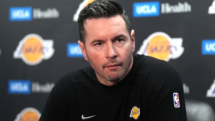  Los Angeles Lakers coach JJ Redick at a press conference at the Crypto.com Arena.