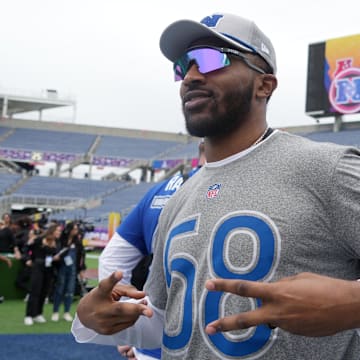 Feb 1, 2025; Orlando, FL, USA; Minnesota Vikings linebacker Jonathan Greenard (58) poses during NFC Practice for the Pro Bowl Games at Camping World Stadium.