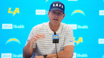 Jan 15, 2025; El Segundo, CA, USA; Los Angeles Chargers coach Jim Harbaugh at a press conference at The Bolt.
