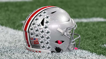 Jan 18, 2025; Atlanta, GA, USA; A Ohio State Buckeyes helmet on the field during practice at Mercedes-Benz Stadium. Mandatory Credit: Kirby Lee-Imagn Images