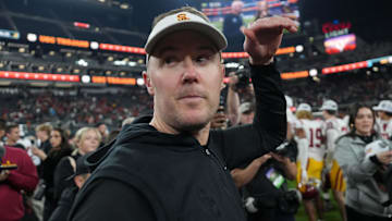 Dec 27, 2024; Las Vegas, NV, USA; Southern California Trojans head coach Lincoln Riley reacts after the game against the Texas A&M Aggies at Allegiant Stadium. Mandatory Credit: Kirby Lee-Imagn Images