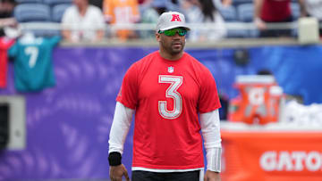 Feb 1, 2025; Orlando, FL, USA; Pittsburgh Steelers quarterback Russell Wilson (3) during AFC Practice for the Pro Bowl Games at Camping World Stadium. Mandatory Credit: Kirby Lee-Imagn Images