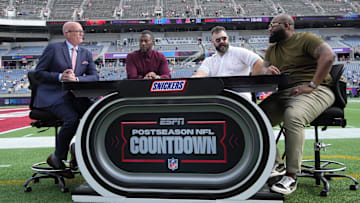 From left: Scott Van Pelt, Ryan Clark, Jason Kelce and Marcus Spears on the ESPN NFL Postseason Countdown set during the 2025 Pro Bowl Games at Camping World Stadium. 