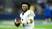 Dec 28, 2024; Inglewood, California, USA; Arizona Cardinals quarterback Kyler Murray (1) look on against the Los Angeles Rams in the second half at SoFi Stadium. Mandatory Credit: Kirby Lee-Imagn Images