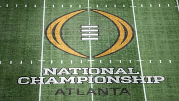 Jan 19, 2025; Atlanta, GA, USA; The College Football Playoff National Championship logo at midfield at Mercedes-Benz Stadium, the site of the 2025 College Football Playoff National Championship between the Ohio State Buckeyes and the Notre Dame Fighting Irish. Mandatory Credit: Kirby Lee-Imagn Images