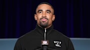 Feb 10, 2025; New Orleans, LA, USA; Philadelphia Eagles quarterback Jalen Hurts (1) speaks at the Super Bowl LIX Winning Head Coach and Most Valuable Player press conference at the Ernest N. Morial Convention Center. Mandatory Credit: Kirby Lee-Imagn Images