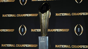 Jan 19, 2025; Atlanta, GA, USA; The College Football Playoff National Championship trophy at a press conference at The Westin Peachtree Plaza, Savannah Ballroom. Mandatory Credit: Kirby Lee-Imagn Images
