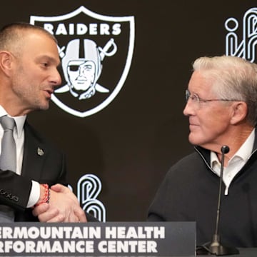 Jan 27, 2025; Las Vegas, NV, USA; Las Vegas Raiders general manager John Spytek (left) and coach Pete Carroll at press conference at Intermountain Health Performance Center. Mandatory Credit: Kirby Lee-Imagn Images