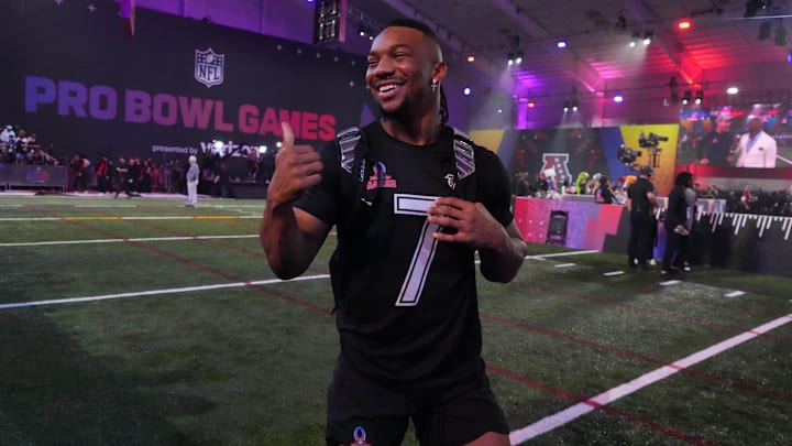 NFC running back Bijan Robinson of the Atlanta Falcons during the NFL Pro Bowl Skills Challenge at Nicholson Fieldhouse NFC running back Bijan Robinson of the Atlanta Falcons during the NFL Pro Bowl Skills Challenge at Nicholson Fieldhouse