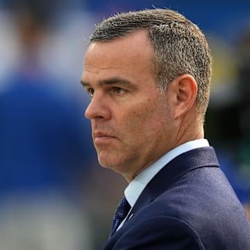 Dec 8, 2024; Inglewood, California, USA; Buffalo Bills general manager Brandon Beane reacts during the game.