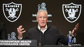 Jan 27, 2025; Las Vegas, NV, USA; Las Vegas Raiders coach Pete Carroll at press conference at Intermountain Health Performance Center. Mandatory Credit: Kirby Lee-Imagn Images