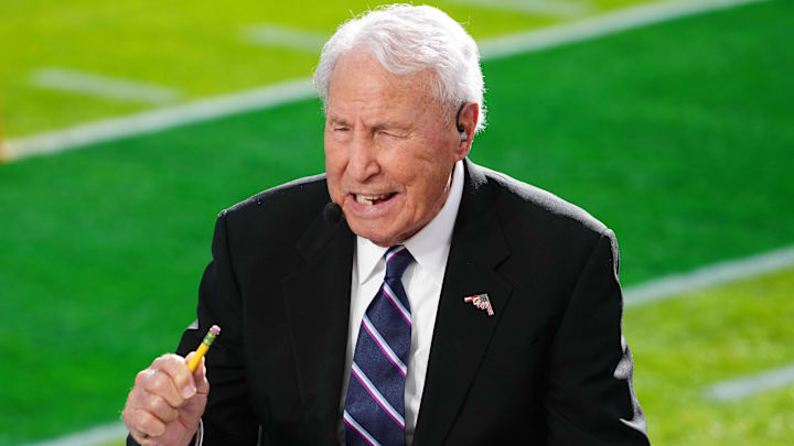 Jan 1, 2025; Pasadena, California, USA; Lee Corso on the ESPN Gameday set at Rose Bowl Stadium. Mandatory Credit: Kirby Lee-Imagn Images