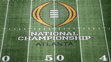 Jan 19, 2025; Atlanta, GA, USA; The College Football Playoff National Championship logo at midfield at Mercedes-Benz Stadium, the site of the 2025 College Football Playoff National Championship between the Ohio State Buckeyes and the Notre Dame Fighting Irish. Mandatory Credit: Kirby Lee-Imagn Images