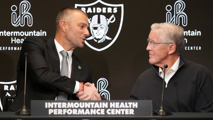 Jan 27, 2025; Las Vegas, NV, USA; Las Vegas Raiders general manager John Spytek (left) and coach Pete Carroll at press conference at Intermountain Health Performance Center. 