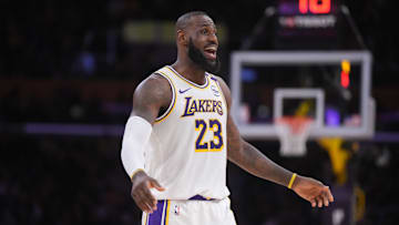 Dec 15, 2024; Los Angeles, California, USA; Los Angeles Lakers forward LeBron James (23) reacts in the first half against the Memphis Grizzlies at Crypto.com Arena. Mandatory Credit: Kirby Lee-Imagn Images