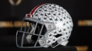 Jan 19, 2025; Atlanta, GA, USA; An Ohio State Buckeyes helmet at College Football Playoff National Championship press conference at The Westin Peachtree Plaza, Savannah Ballroom. Mandatory Credit: Kirby Lee-Imagn Images