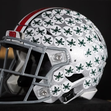 Jan 19, 2025; Atlanta, GA, USA; An Ohio State Buckeyes helmet at College Football Playoff National Championship press conference at The Westin Peachtree Plaza, Savannah Ballroom. Mandatory Credit: Kirby Lee-Imagn Images
