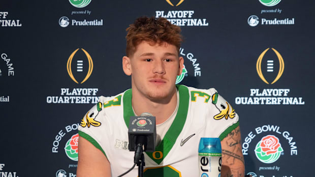 Oregon Ducks tight end Terrance Ferguson during Rose Bowl media day.