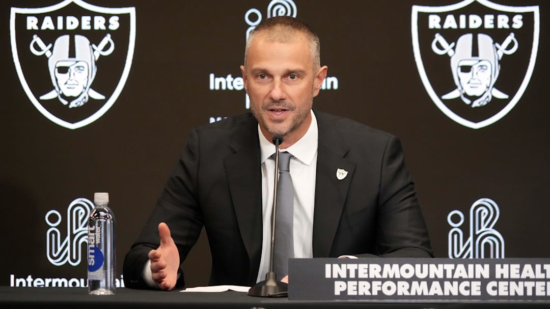 Jan 27, 2025; Las Vegas, NV, USA; Las Vegas Raiders general manager John Spytek speaks at a press conference at Intermountain Health Performance Center. Mandatory Credit: Kirby Lee-Imagn Images