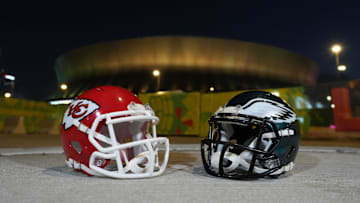 Feb 5, 2025; New Orleans, LA, USA; Kansas City Chiefs and Philadelphia Eagles helmets at the Caesars Superdome prior to Super Bowl LIX.