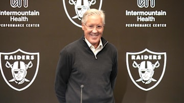 Jan 27, 2025; Las Vegas, NV, USA; Las Vegas Raiders coach Pete Carroll at press conference at Intermountain Health Performance Center. Mandatory Credit: Kirby Lee-Imagn Images