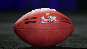 A Wilson official NFL Duke football with the Super Bowl LX logo at the Super Bowl LIX host committee handoff press conference.