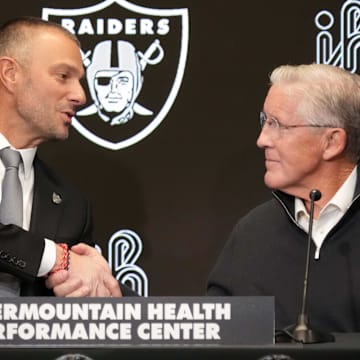 Jan 27, 2025; Las Vegas, NV, USA; Las Vegas Raiders general manager John Spytek (left) and coach Pete Carroll at press conference at Intermountain Health Performance Center. Mandatory Credit: Kirby Lee-Imagn Images