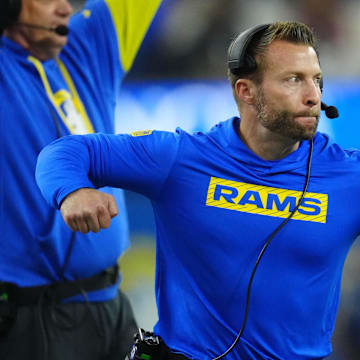 Dec 28, 2024; Inglewood, California, USA; Los Angeles Rams coach Sean McVay reacts against the Arizona Cardinals in the first half at SoFi Stadium. Mandatory Credit: Kirby Lee-Imagn Images