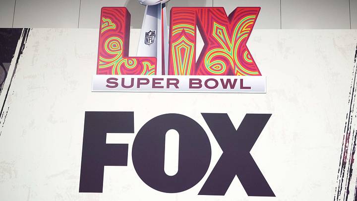 The Super Bowl LIX logo at Fox Sports media day. Mandatory Credit: Kirby Lee-Imagn Images