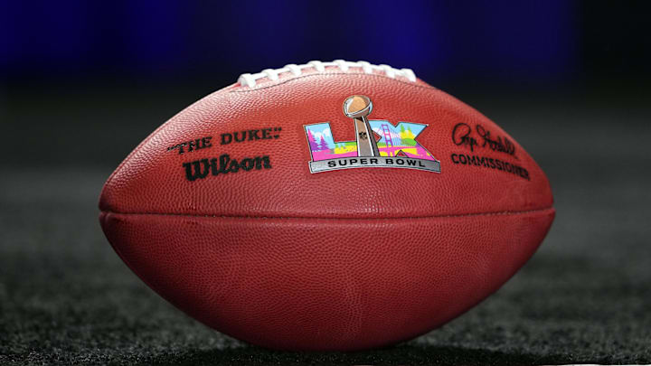 A Wilson official NFL Duke football with the Super Bowl LX logo at the Super Bowl LIX host committee handoff press conference.