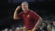 Jan 14, 2025; Los Angeles, California, USA; Southern California Trojans head coach Eric Musselman reacts in the first half against the Iowa Hawkeyes at Galen Center. Mandatory Credit: Kirby Lee-Imagn Images