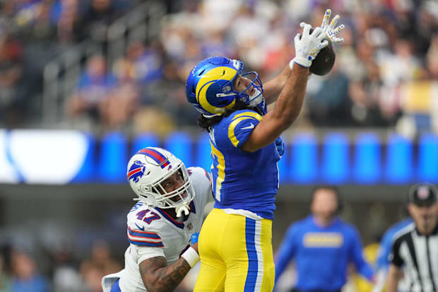 Los Angeles Rams wide receiver Puka Nacua catches the ball against Buffalo Bills cornerback Christian Benford