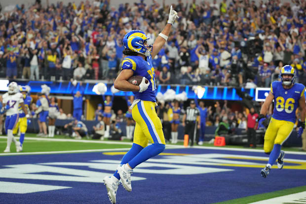 Los Angeles Rams wide receiver Puka Nacua (17) celebrates after scoring on a 19-yard touchdown reception