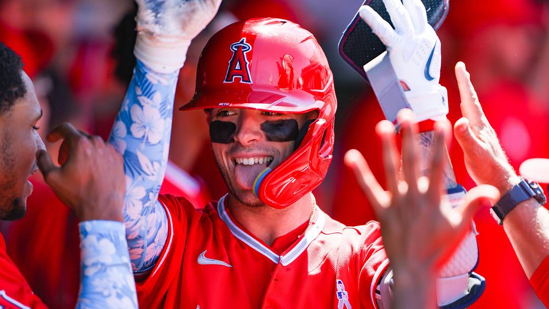 Jun 21, 2026; West Sacramento, California, USA; Los Angeles Angels shortstop Zach Neto (9) celebrates with his teammates after hitting a go ahead two-run home run during the ninth inning against the Athletics at Sutter Health Park. Mandatory Credit: Scott Marshall-Imagn Images