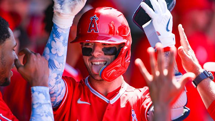 Jun 21, 2026; West Sacramento, California, USA; Los Angeles Angels shortstop Zach Neto (9) celebrates with his teammates after hitting a go ahead two-run home run during the ninth inning against the Athletics at Sutter Health Park. Mandatory Credit: Scott Marshall-Imagn Images