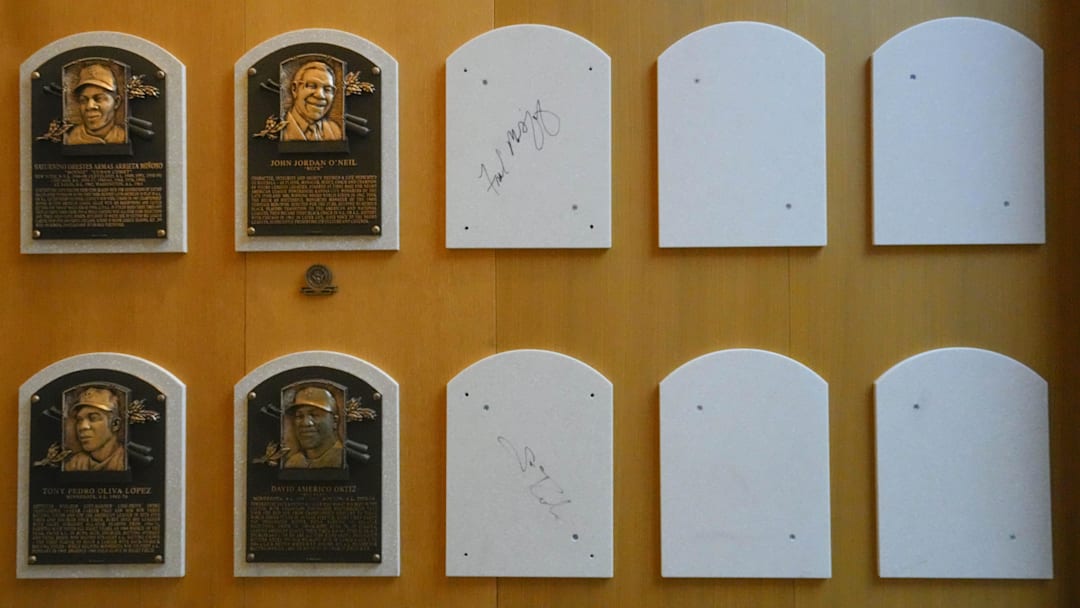 Jul 21, 2023; Cooperstown, NY, USA; The Baseball Hall of Fame plaque holders signed by Hall of Fame Inductee Fred McGriff and Hall of Fame Inductee Scott Rolen inside the Baseball Hall of Fame Museum. Mandatory Credit: Gregory Fisher-Imagn Images