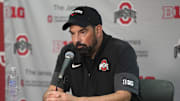 Oct 18, 2025; Madison, Wisconsin, USA; Ohio State Buckeyes head coach Ryan Day speaks in a press conference after the game against the Wisconsin Badgers at Camp Randall Stadium. Mandatory Credit: Jeff Hanisch-Imagn Images