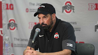 Oct 18, 2025; Madison, Wisconsin, USA; Ohio State Buckeyes head coach Ryan Day speaks in a press conference after the game against the Wisconsin Badgers at Camp Randall Stadium. Mandatory Credit: Jeff Hanisch-Imagn Images