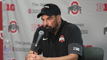 Oct 18, 2025; Madison, Wisconsin, USA; Ohio State Buckeyes head coach Ryan Day speaks in a press conference after the game against the Wisconsin Badgers at Camp Randall Stadium. Mandatory Credit: Jeff Hanisch-Imagn Images