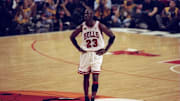 Michael Jordan #23 of the Chicago Bulls looks on during the NBA Finals Game 4 against the Utah Jazz at the United Center in Chicago, Illinois. The Bulls defeated the Jazz 86-82.