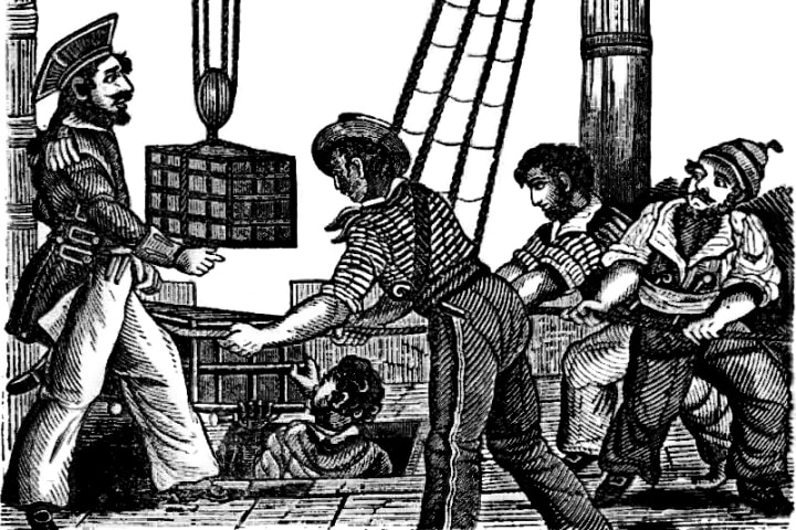 A woodcut showing a pirate receiving three treasure chests on a ship's deck.