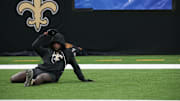 Oct 5, 2025; New Orleans, Louisiana, USA;  New Orleans Saints running back Alvin Kamara (41) warms up prior to the game against the New York Giants at Caesars Superdome. Mandatory Credit: Matthew Hinton-Imagn Images